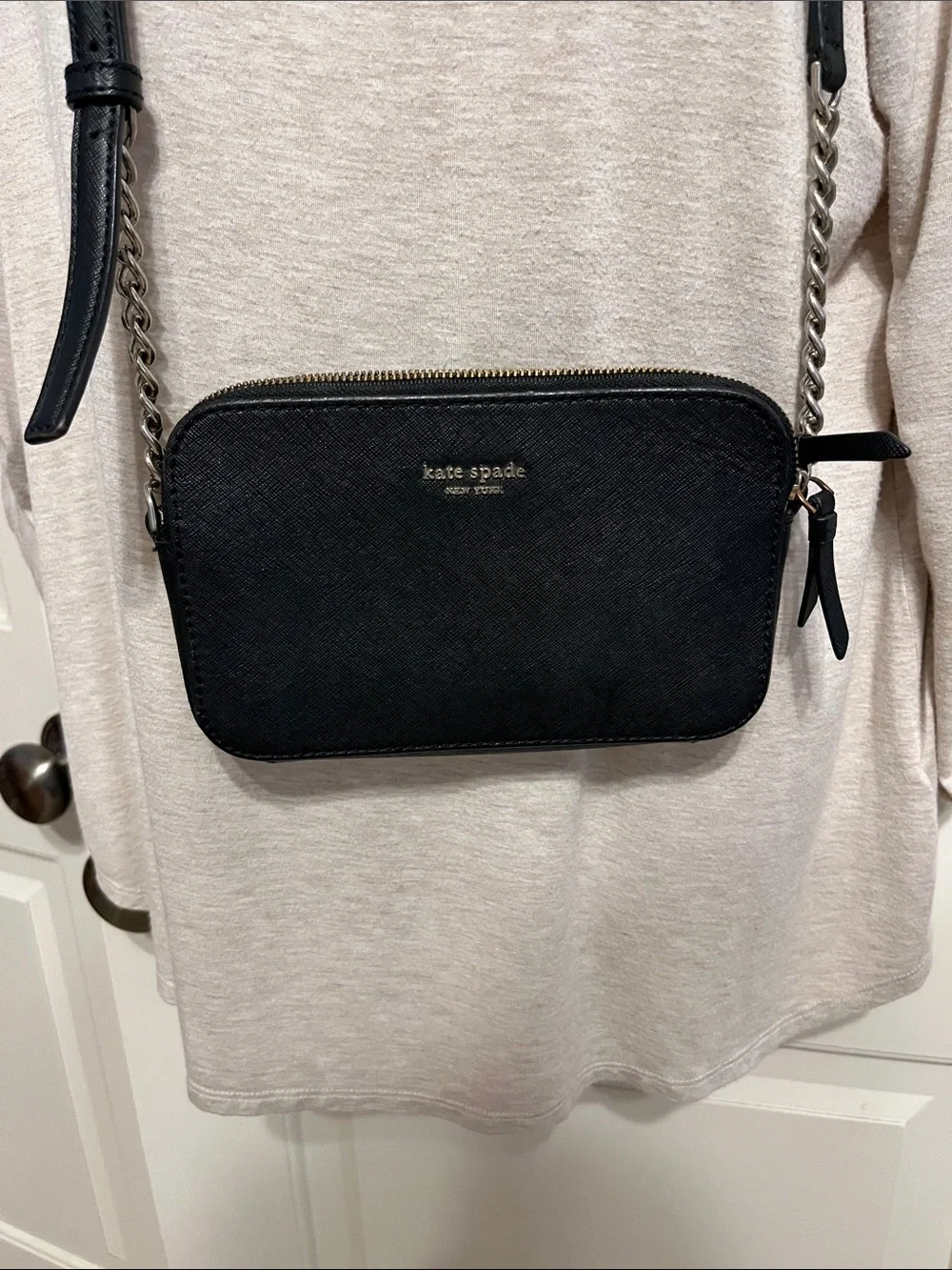 kate spade black Saffiano crossbody camera bag with chain strap